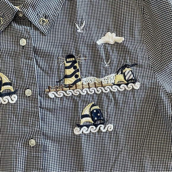 Karen Scott Button Up Short Sleeve Shirt Womens M Checker Lighthouse Sea Cottage - Picture 6 of 8
